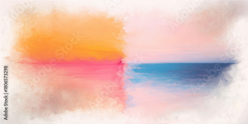 Abstract watercolor painting of a colorful sunset sky over the ocean horizon with soft clouds