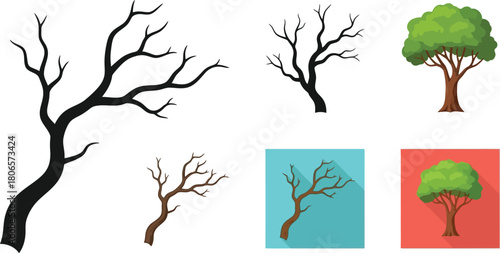 Illustration of various bare and full tree branches and foliage styles