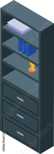 Contemporary office shelf showcasing organized files, books, and a prestigious award trophy, symbolizing achievement and recognition