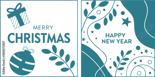 Minimal Merry Christmas and Happy New Year greeting card with gift box, ornament, and botanical elements — modern festive winter holiday vector design in elegant monochrome style.