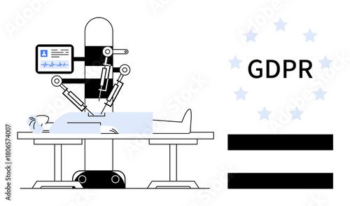Patient on medical table under robotic examination arm with monitoring screen. GDPR compliance emphasized. Ideal for healthcare, technology, data security, privacy, AI ethics, compliance law. Simple