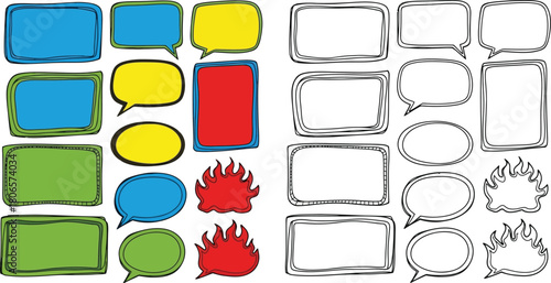 Collection of colorful and blank speech bubbles in various shapes and styles