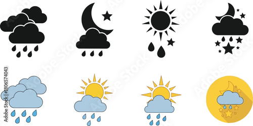 Weather icons depicting sun clouds rain moon and various atmospheric conditions