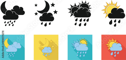 Various weather icons depicting rain sun moon and cloudy conditions