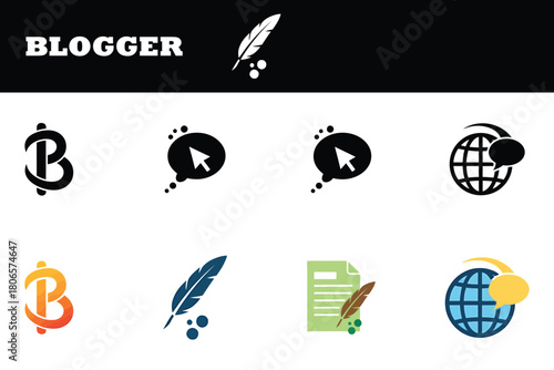 Essential blogging icons for a modern online presence with a classic quill pen and modern web design elements for writers and social media influencers