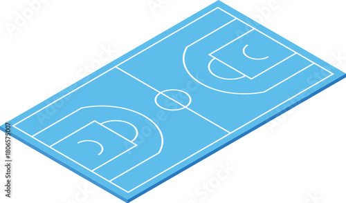 Basketball field is depicted isometrically, featuring distinct markings for center court and free throw lines