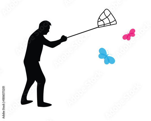 Silhouette of Man Catching Butterflies. People and outdoor activities vector art