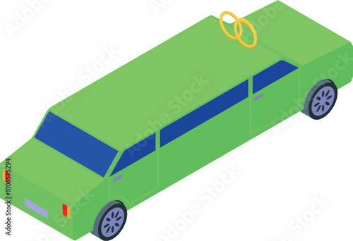 Green wedding limousine carrying two golden rings on its roof