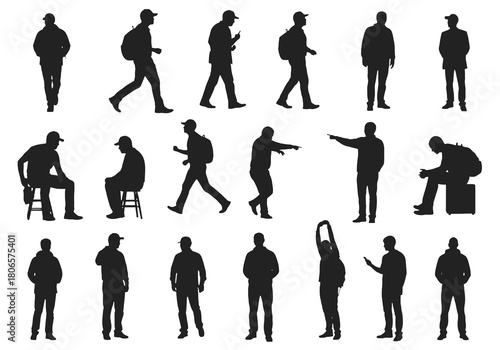 Collection of diverse black silhouette figures showcasing various human poses and actions