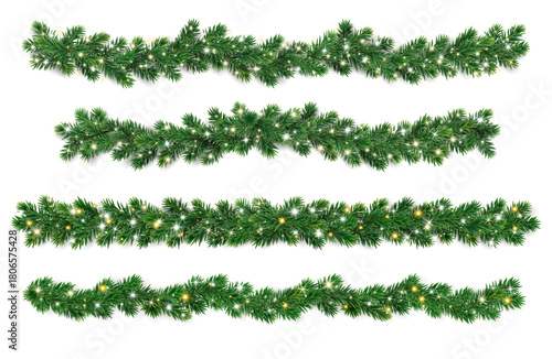 Realistic Christmas tree garlands of lush green fir branches with glowing lights and sparkles. Festive horizontal decoration line for cards, banners, frames. Transparent background in vector file.