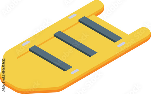 Yellow inflatable boat floating on water, featuring three gray floorboards for added stability