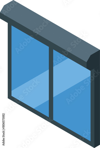 Isometric view of a modern sliding glass window, ideal for office spaces, emphasizing natural light and contemporary design