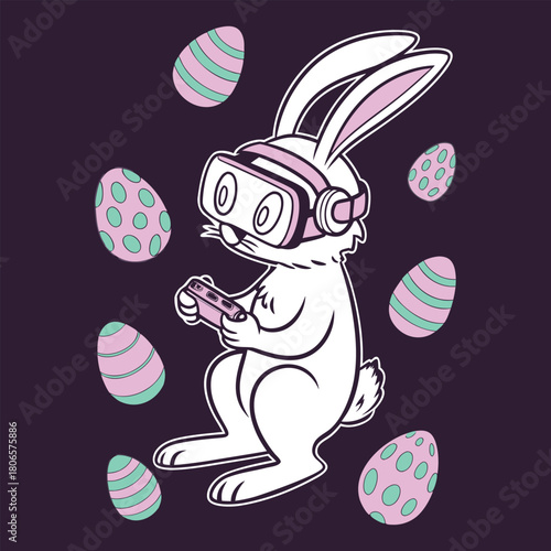Cartoon bunny wearing VR headset plays video games surrounded by Easter eggs rabbit