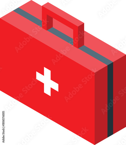 Red first aid kit closed with white cross symbol, isometric view representing emergency medical care