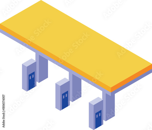Isometric projection of a gas station featuring a prominent yellow roof and blue fuel dispensers, ideal for transportation or energy related projects