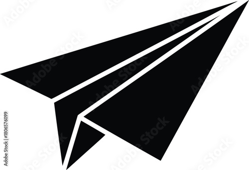 A simple black and white illustration of a classic paper airplane