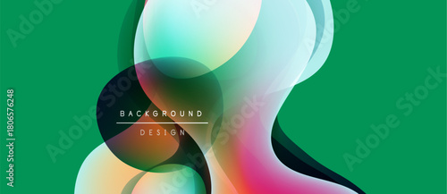 Abstract fluid shapes overlap, creating vibrant color gradients. Green background complements dynamic design elements. Modern aesthetic.
