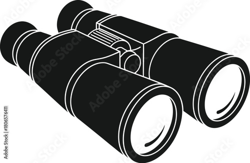 A black and white illustration of a pair of binoculars in a simple style