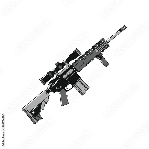 Powerful rifle with telescopic sight for hunting, military, or shooting sports, offering precision and control in tactical situations with vector origins