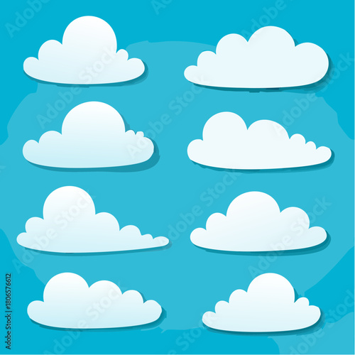 Set of fluffy white cartoon clouds with shadow effects against a vibrant blue sky, representing weather elements and communication icons