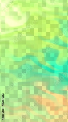 A vibrant, pixelated abstract background with swirling patterns of green, yellow, and turquoise.