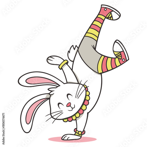 Cartoon white bunny in colorful striped socks and sneakers does a handstand rabbit