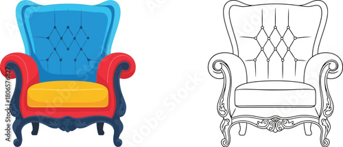 Cartoon illustration of a regal armchair in color and line drawing style
