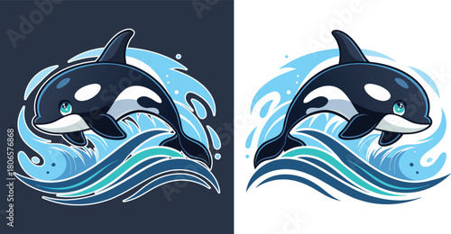 Playful cartoon orca whale leaping from blue ocean waves, an adorable marine mammal mascot
