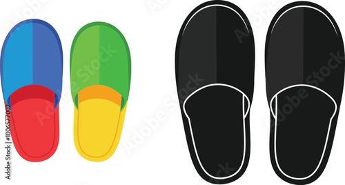 A colorful assortment of slippers including blue green and black designs