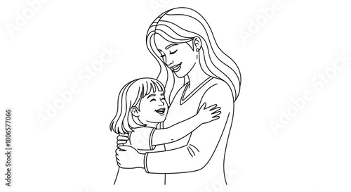 Mother and daughter hugging line art vector illustration