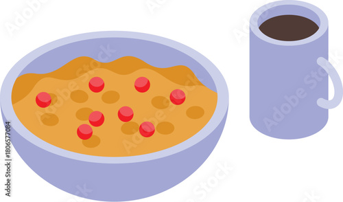 Healthy breakfast with oatmeal porridge with cranberry and coffee mug promoting healthy nutrition and balanced diet