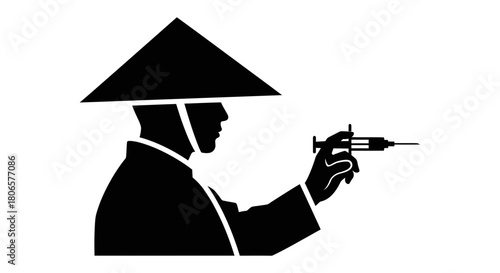 Asian man with syringe health care and medical concept design