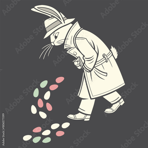 Detective Bunny Rabbit In Trench Coat Dropping Easter Eggs On Dark Background fedora hat