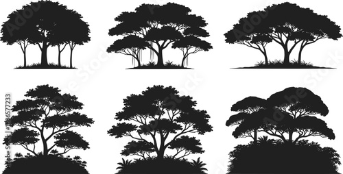 Tree silhouette vector set, diverse canopy shapes, black tree icons, nature illustration for stock content, isolated botanical elements, landscape design