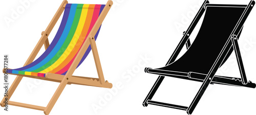 A colorful beach chair and its black and white silhouette illustration