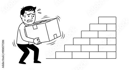 Man carrying heavy box up stairs moving and delivery concept