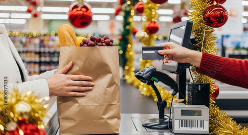 Female hands holding credit card and paper bag at festive supermarket checkout, holiday shopping and payment transaction
