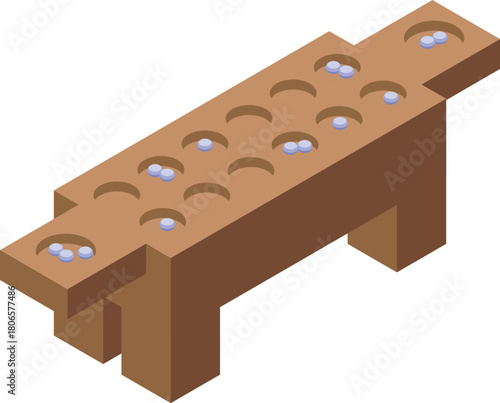 Mancala board game with marbles placed in progress, showing an isometric view of the traditional african game