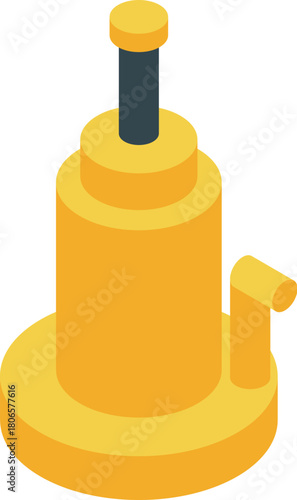 Yellow hydraulic bottle jack lifting equipment with handle and lifting piston in isometric view