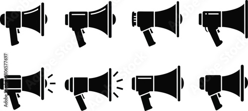 A collection of black and white megaphone icons in various styles and positions