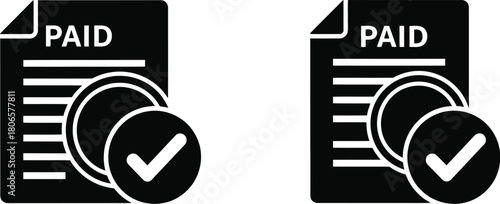 Two paid invoice icons with coins and checkmarks symbolizing completed transactions
