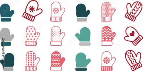 Collection of winter mittens with patterns and symbols
