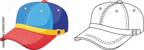 Colorful baseball cap illustration with a contrasting black and white line drawing