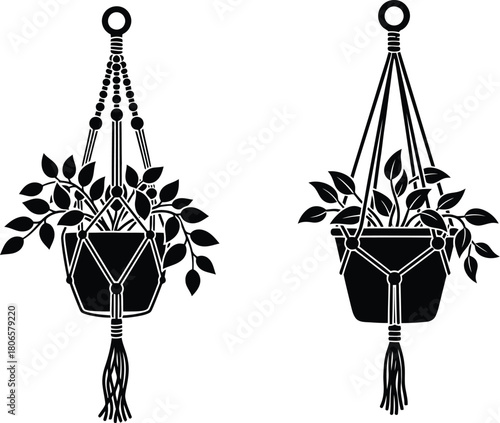 Two black and white illustrations of macrame plant hangers with foliage