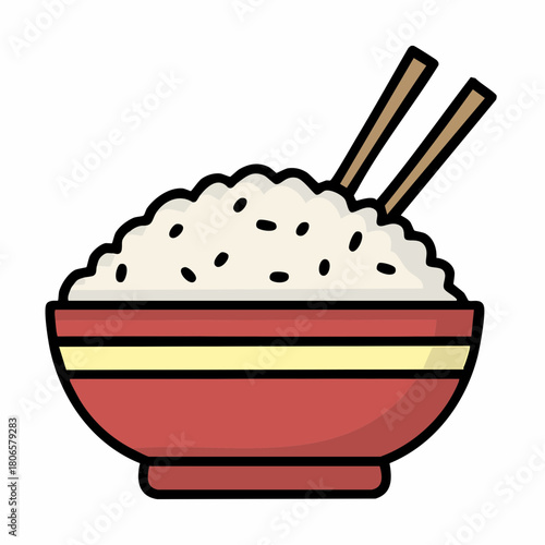 Vector illustration of a red bowl filled with cooked white rice and chopsticks. A simple icon representing a staple meal from Asian cuisine, symbolizing food, sustenance, and culture