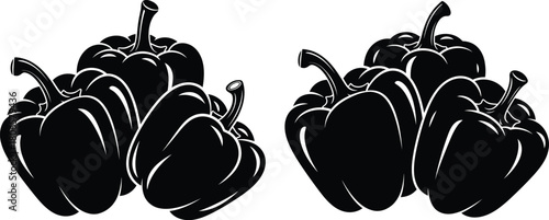A black and white illustration depicting a cluster of vibrant bell peppers