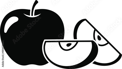 A simple black and white illustration of a whole apple and slices