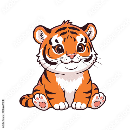 Adorable cartoon tiger cub sitting patiently, a charming illustration for children's books, educational resources, and fun animal-themed projects