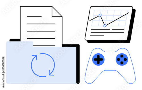 Folder with document and sync symbol, data chart, and gaming controller represent digital management, data tracking, and fun. Ideal for technology, productivity, gaming, analytics innovation