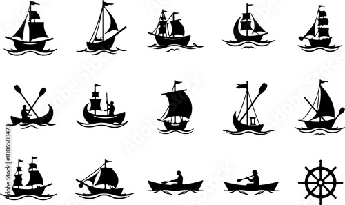 Nautical Sailboat and Ship Silhouette Icon Set